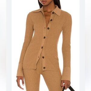 Frame Slim Ribbed Cardigan Sweater Tan Button-Up collared shirt Womens SM EUC
